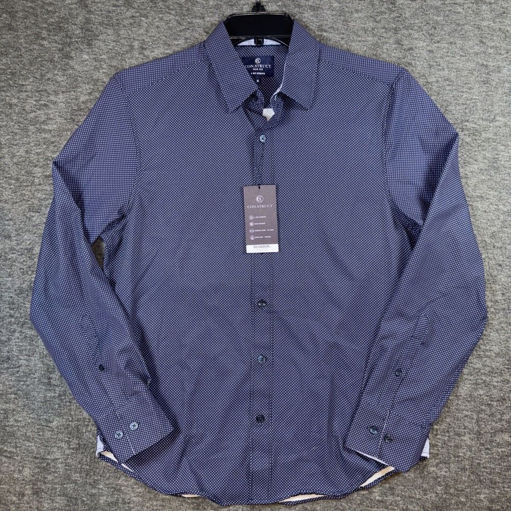 Construct Mens Performance 4 Way Stretch Button Up Shirt Blue Polka Dot Sz M NEW